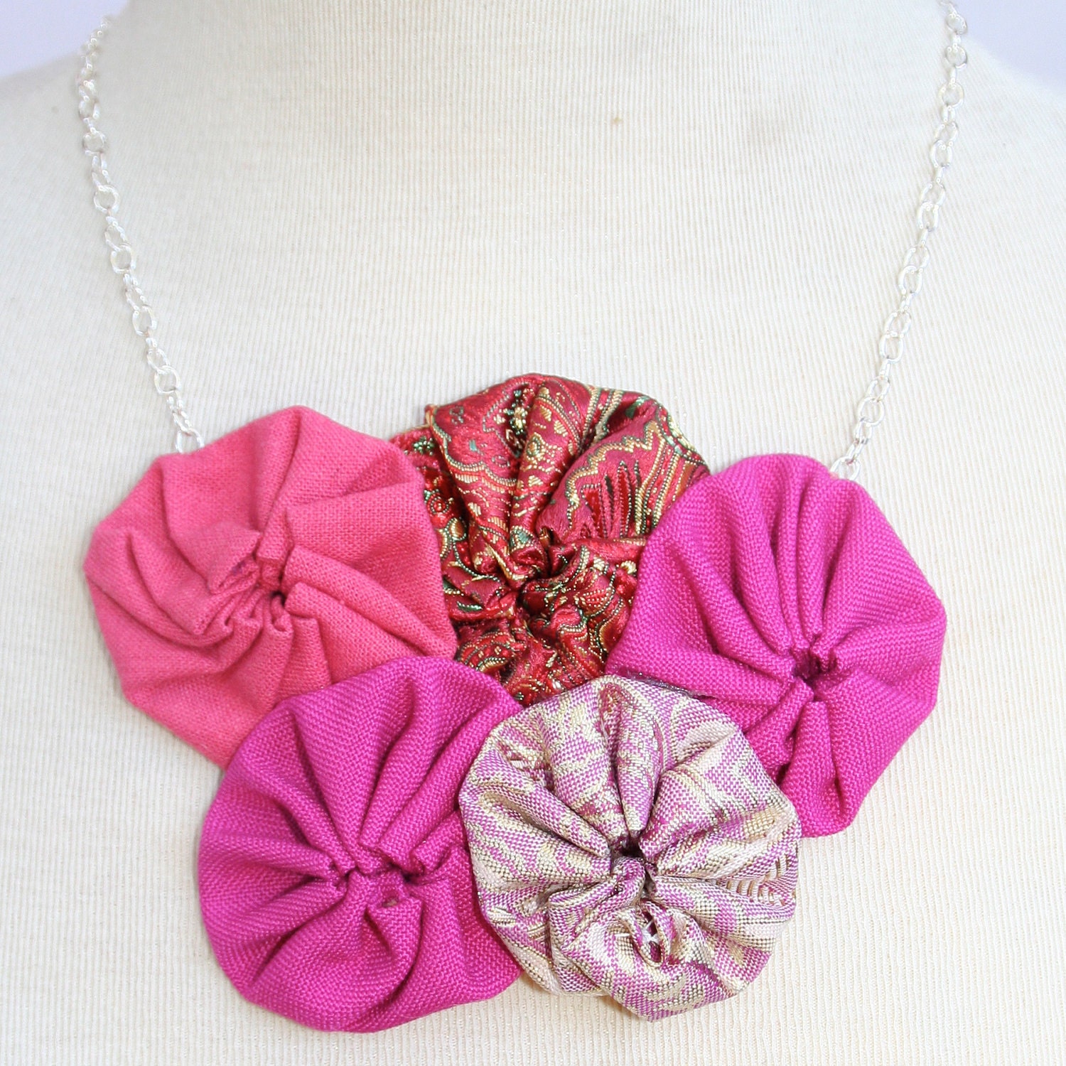 pink vintage fabric yo yo rosette flower necklace with sliver chain