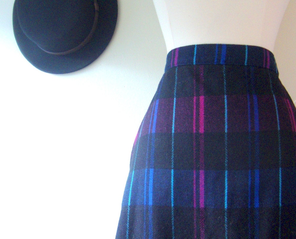 dark electric pop striped a-line wool blend skirt / 1980s / l/xl