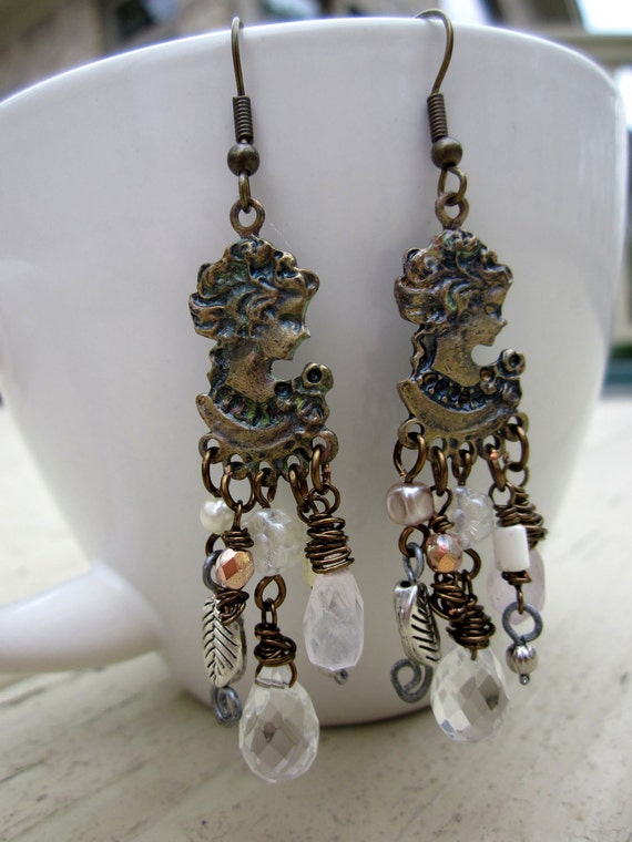 Brass Cameo earrings, Pink Assemblage Wire wrapped Vintaj wire - Teatime with Lady
