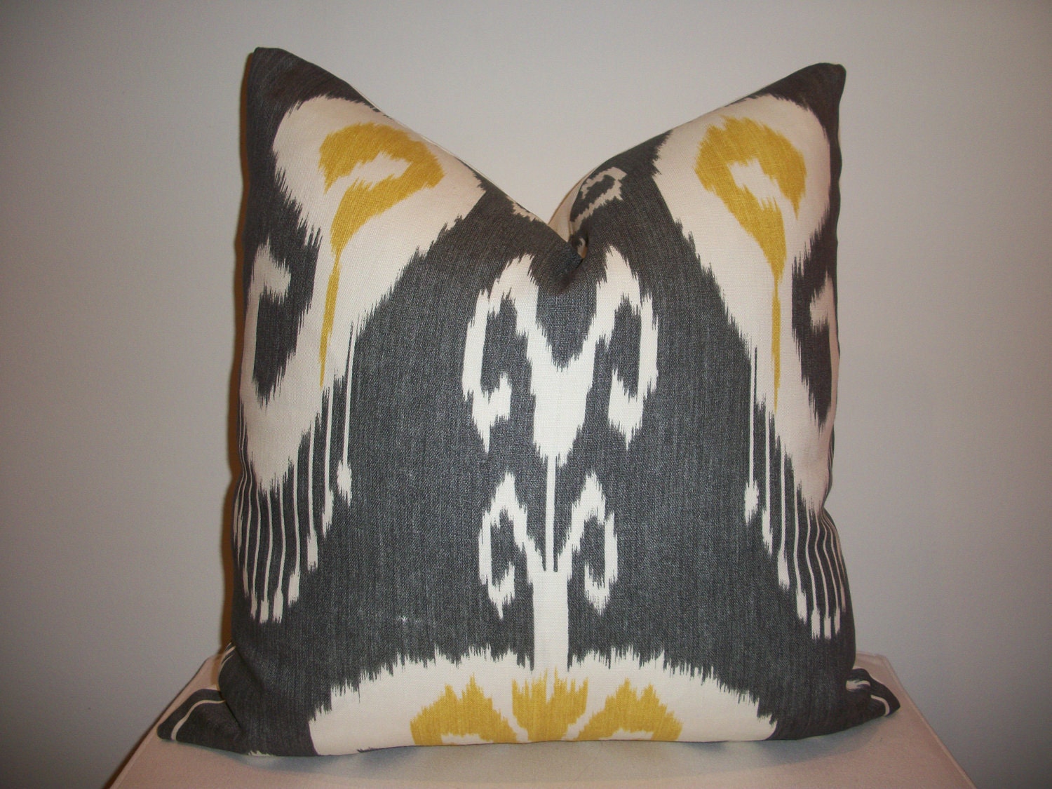 18 x 18 Grey and Yellow Ikat "Bansuri" Designer Pillow Cover - Decorative Throw Pillow