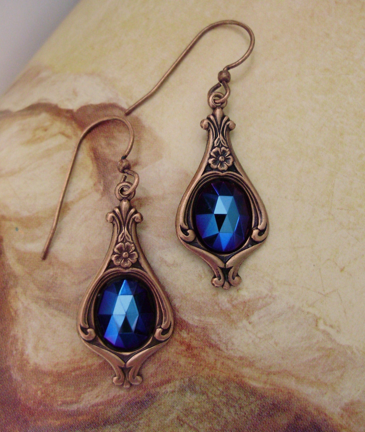 Baroque Renaissance Victorian blue crystal dangle copper earrings gift