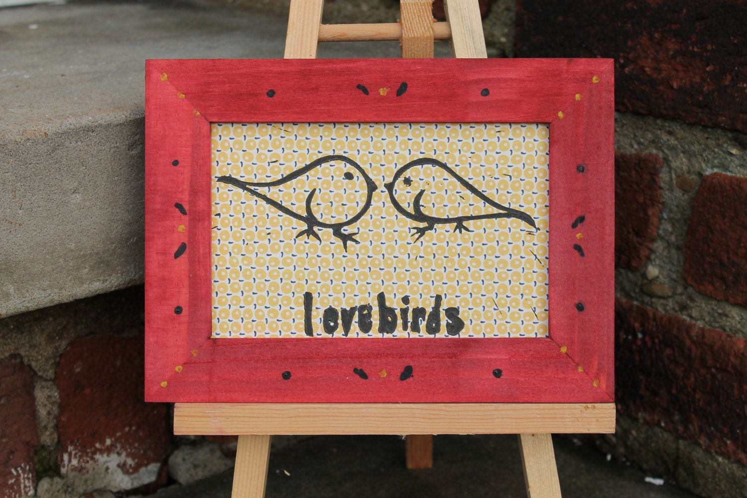 Linocut Print of Lovebirds with Handpainted Frame