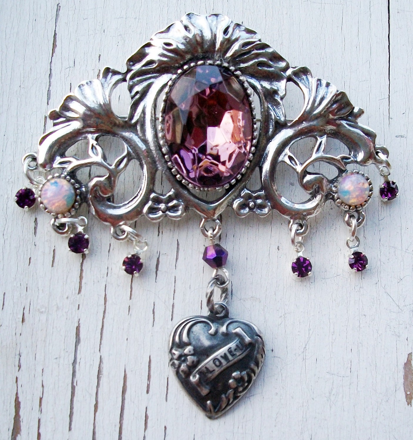 OOAK Handmade Brooch Pin - "Regal Affection" - Silver Plated Pierced Vintage Base - Glass Opals, Rhinestones & Lg Glass Focal Amethyst