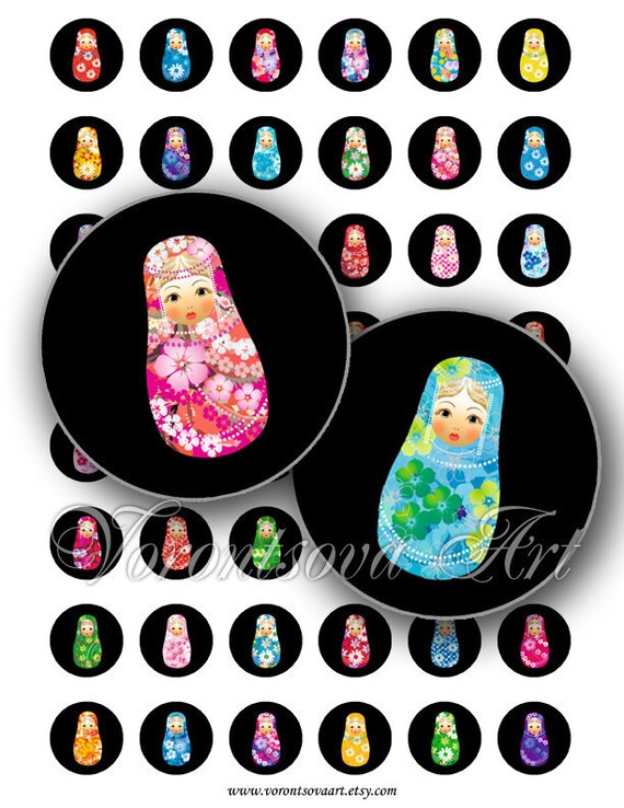 Matryoshka doll black 1 inch Circle image Matrioshka Babushka Russian Dolls Digital Collage Sheet Printable download Bottle Cap Magnets 8204