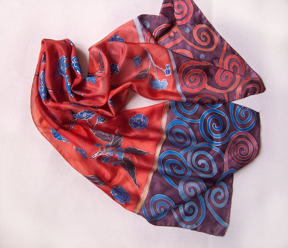 Hand painted silk scarf  Flowers and Spirals in fiery red FREE  SHIPPING