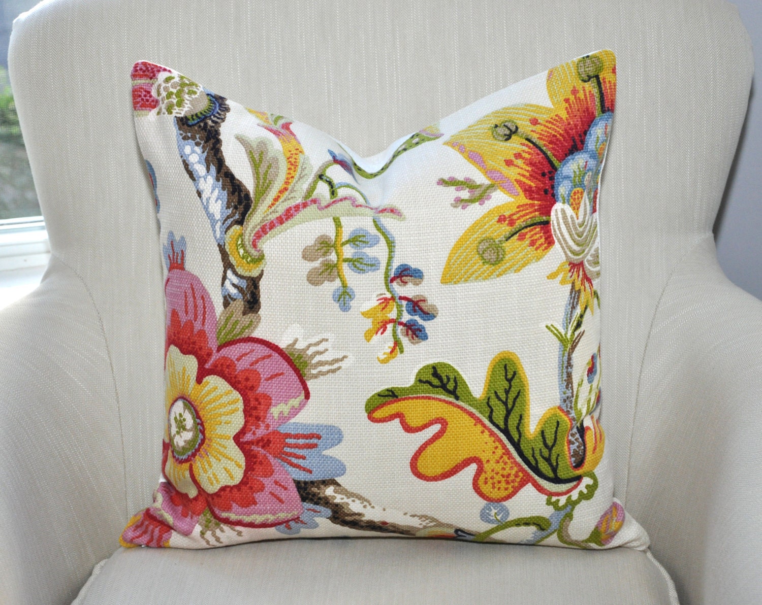 Custom Braemore Wonderland Floral Pillow Cover -- 18x18 -- Pink/Red/Yellow/Green -- Zipper Closure