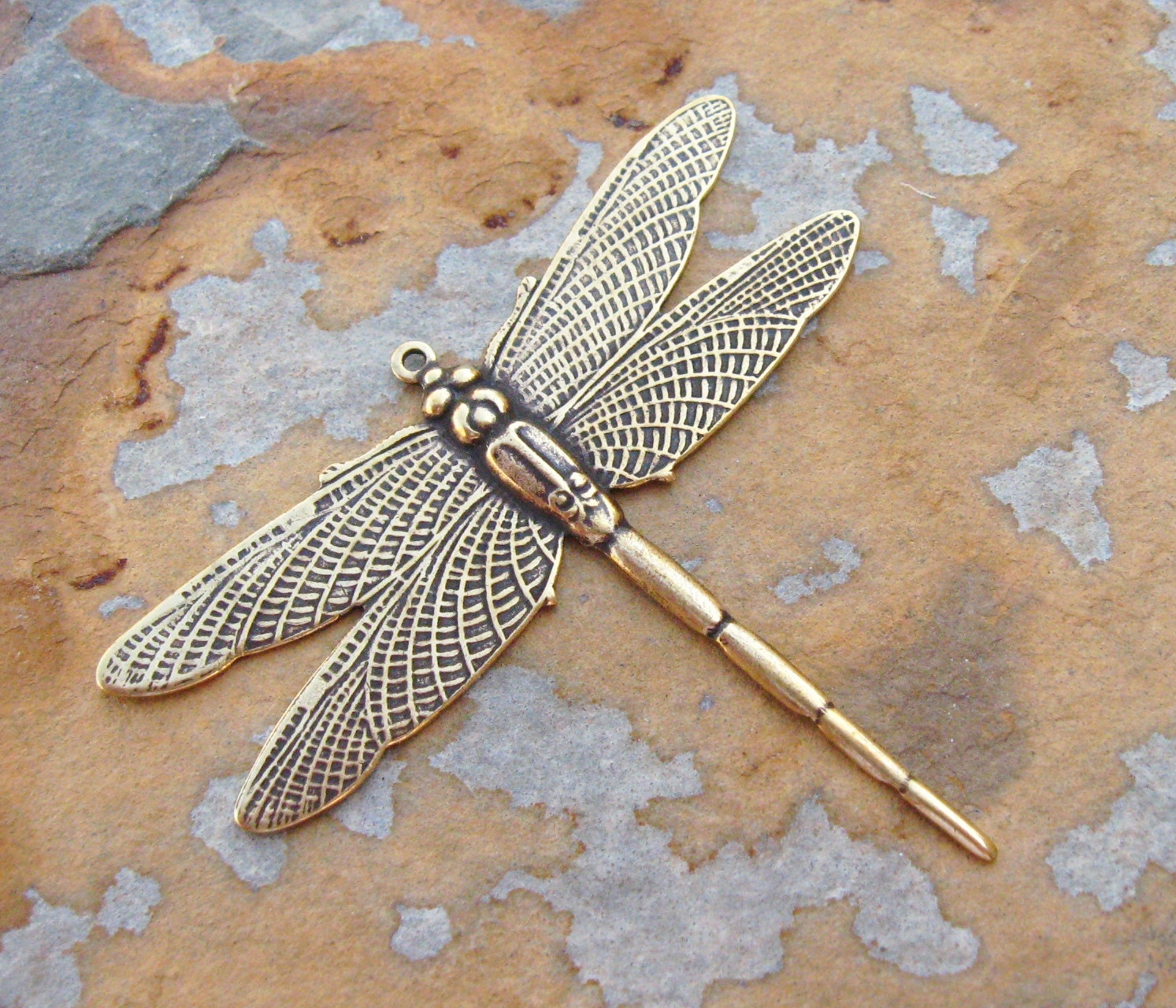1 Trinity Brass  Antique Gold Patina Large Dragonfly Pendant 49mm x 43mm -  LOW SHIPPING