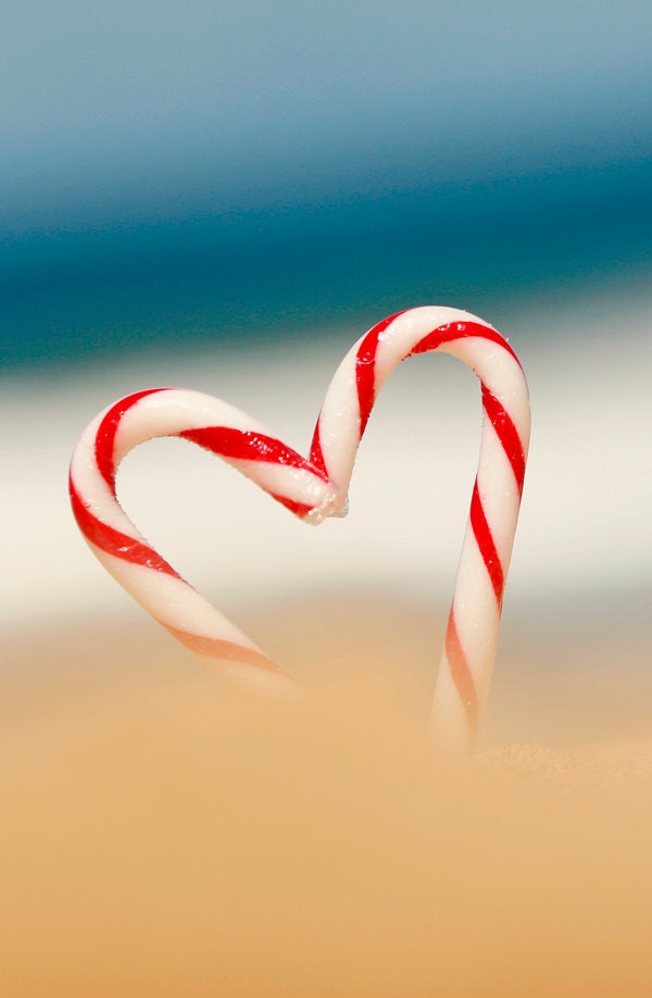 CARD "Candy Cane Love" Original 6" x 4" Photograph on Heavy Card Stock. Christmas, Candy Cane, Red, White, Love, Australia, Beach