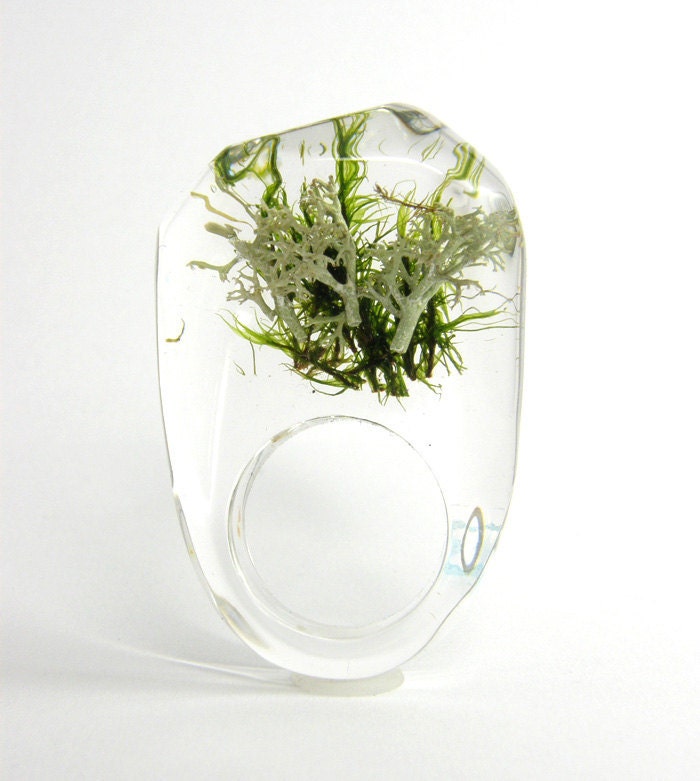 Clear resin ring with green and silver moss W1/ reserved