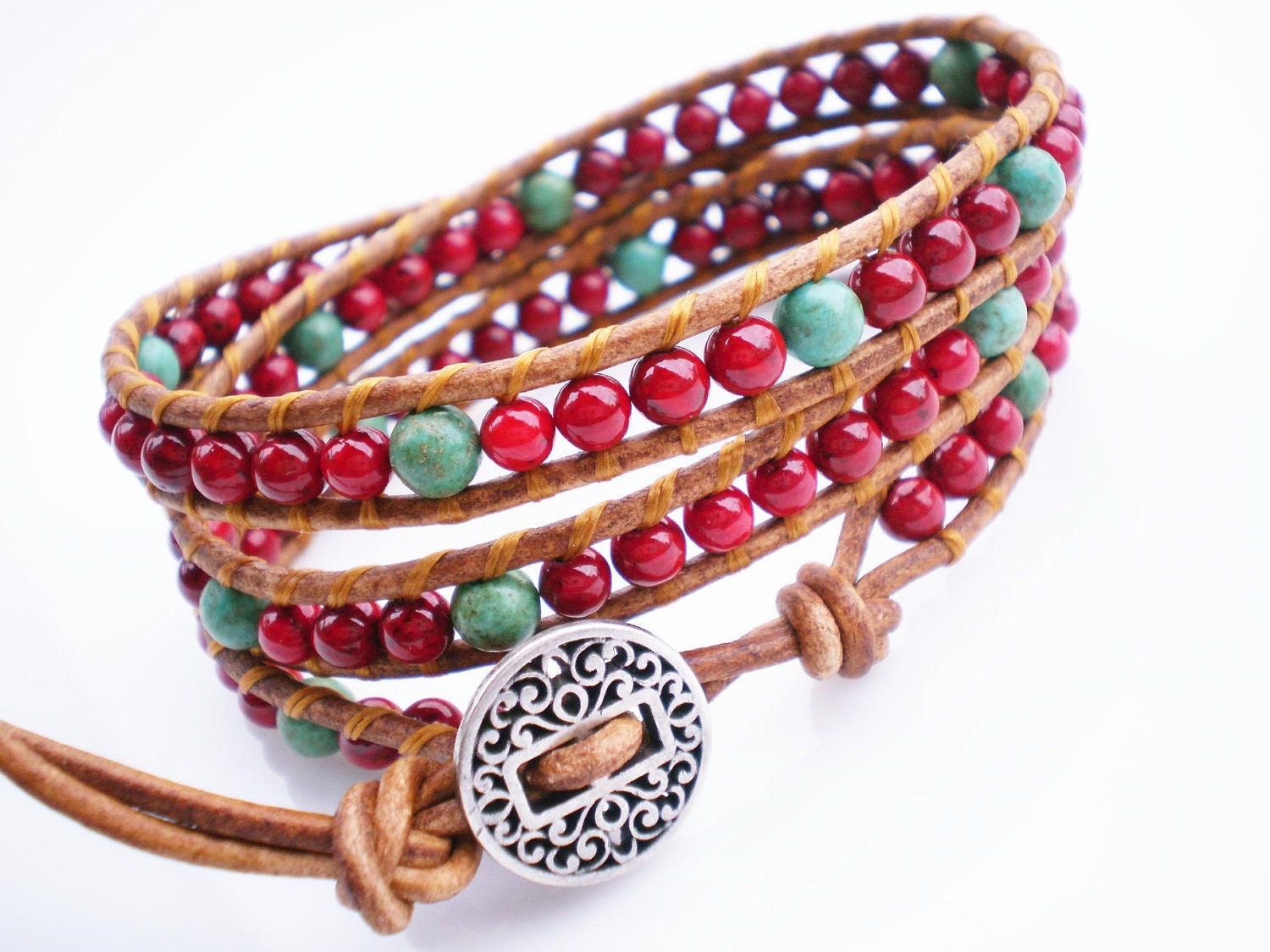 Leather Wrap Bracelet Red Riverstone Turquoise Wild Wild West- RopesofPearls