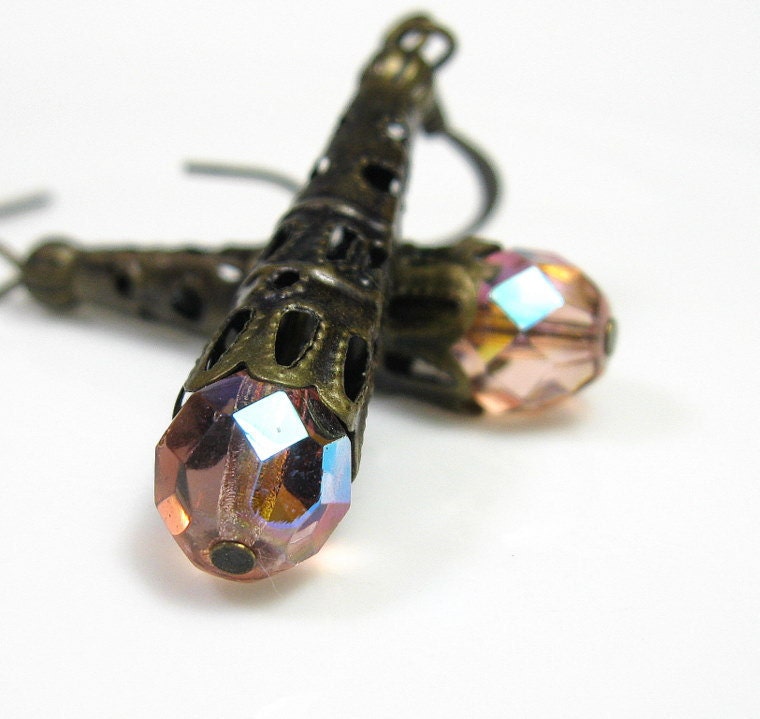 Vintage Style Earrings, Czech Glass, Antiqued Brass, Honey, Apricot, Vintage Style Jewelry