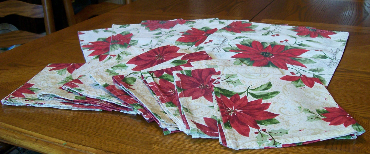 Vintage Linens...Six Christmas Placemats and Eight Christmas Napkins...Pointsettia and Holy Design