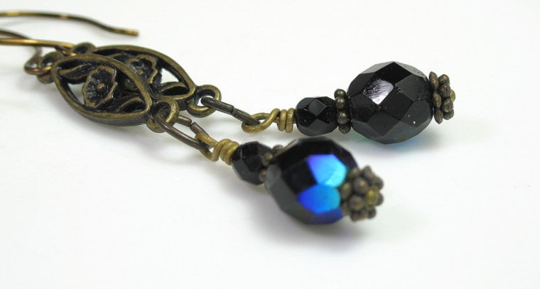Vintage Style Earrings, Vintage Style Jewelry, Blue, Czech Glass, Antiqued Brass