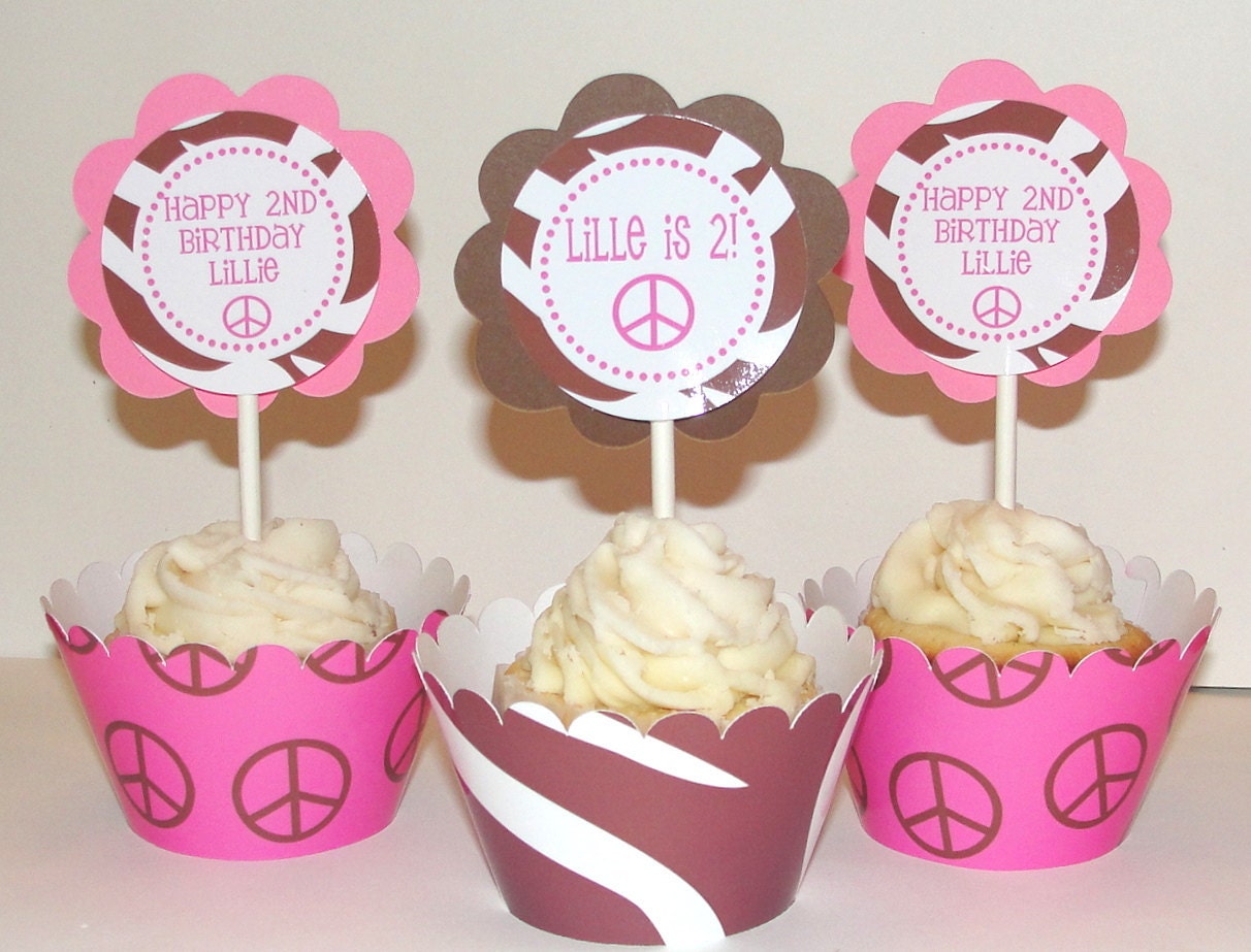 Personalized Peace Sign and Zebra Print Cupcake Kit Toppers Wrappers