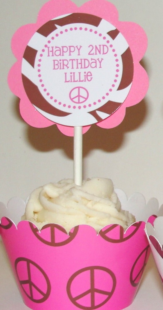 Personalized Peace Sign and Zebra Print Cupcake Kit Toppers Wrappers