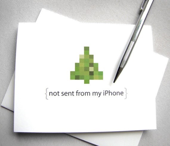 Christmas card - Not sent from my iPhone pixelated green Christmas tree - Set of 5 Christmas cards