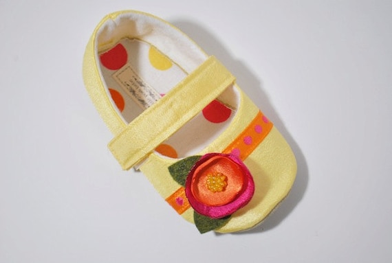 Handmade Baby Toddler Shoes Lelani Pastel Yellow Mary Janes with Hot Pink Orange Poppy Flower