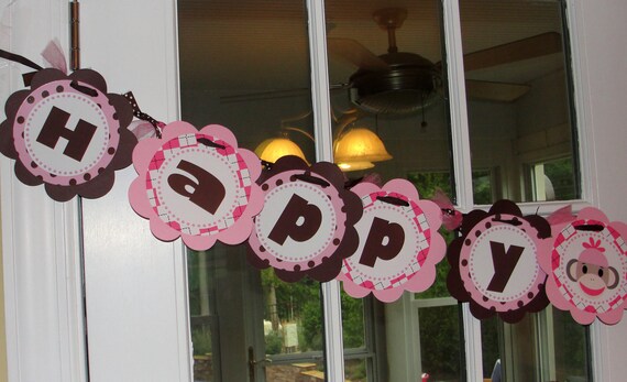 Personalized Girl Sock Monkey Happy  Birthday Banner