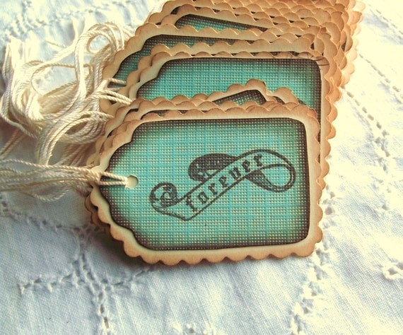 25 Teal Forever Banner Tags - Scalloped, Cream, Aqua, Vintage Inspired