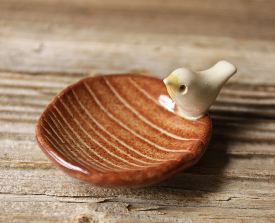 Wood Grain Pottery Tray with Tiny White Bird - Faux Bois