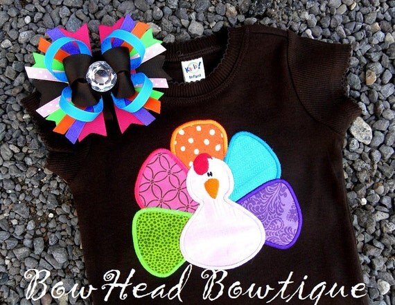Applique Turkey- Thanksgiving Fall Applique Boutique Brown Shirt or Onesie and Matching Hair Bow Set for Girls
