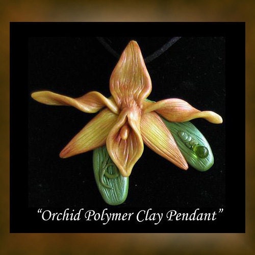 Handmade Orchid Polymer Clay Pendant OOAK Wearable Art