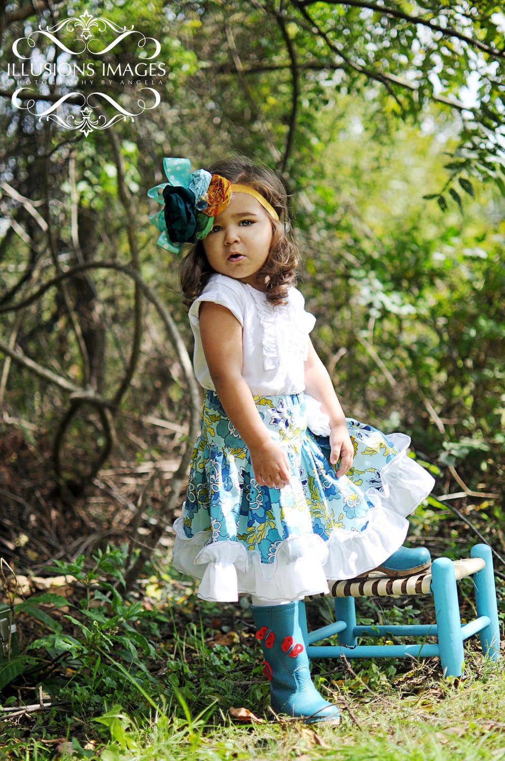 Girls Blue, Yellow, Green and White Twirl Skirt by Stitch To Stitch