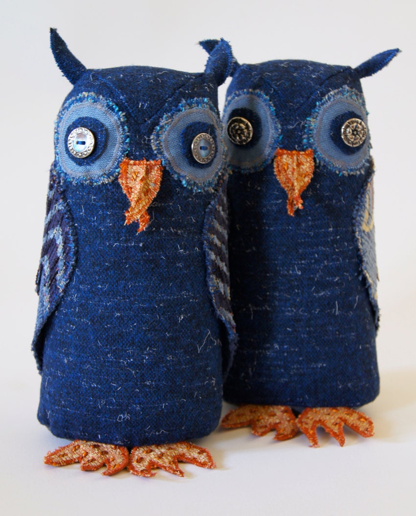 Fabric Owl / Vintage Wool / Blue Night Owl / Made to Order