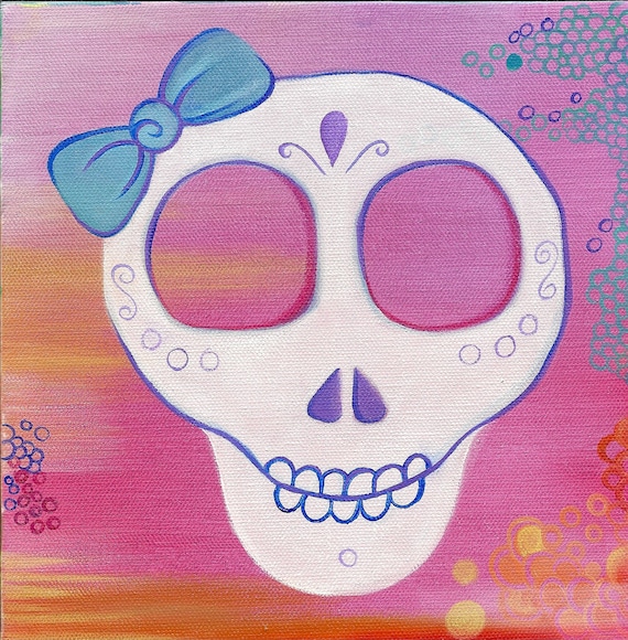 Sugar Skull Art. Whimsical Dia De Los Muertos Painting. Original Oil on Canvas work from Allie Kelley.