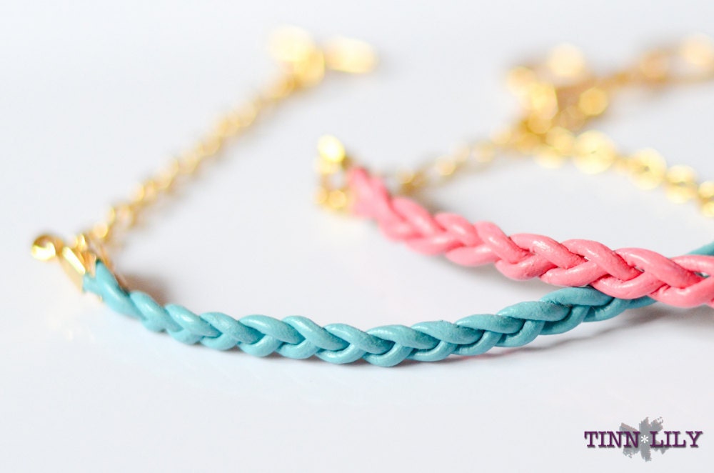 SALE: TINNLILY Pair of Leather and Chain Braided Friendship Bracelets