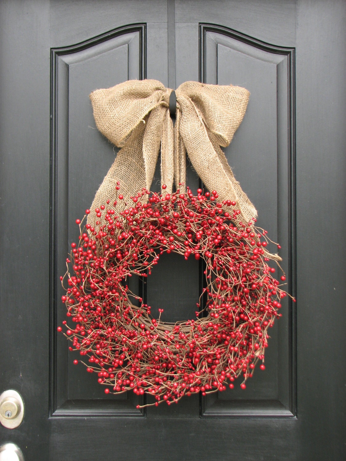 Red Berry Wreath - Christmas Wreath, Burlap Bow, Holiday Home Decor
