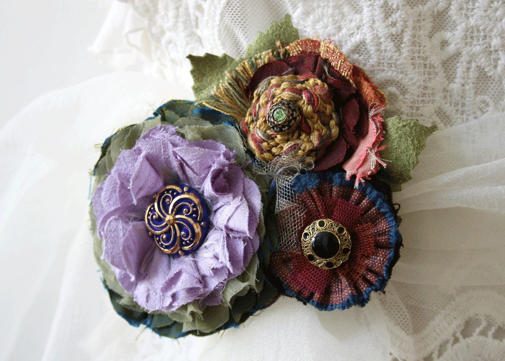 Bridal Gown Flower Sash Dress Pin Corsage in Violet Purple, Burgundy, Blue, Green, Gold
