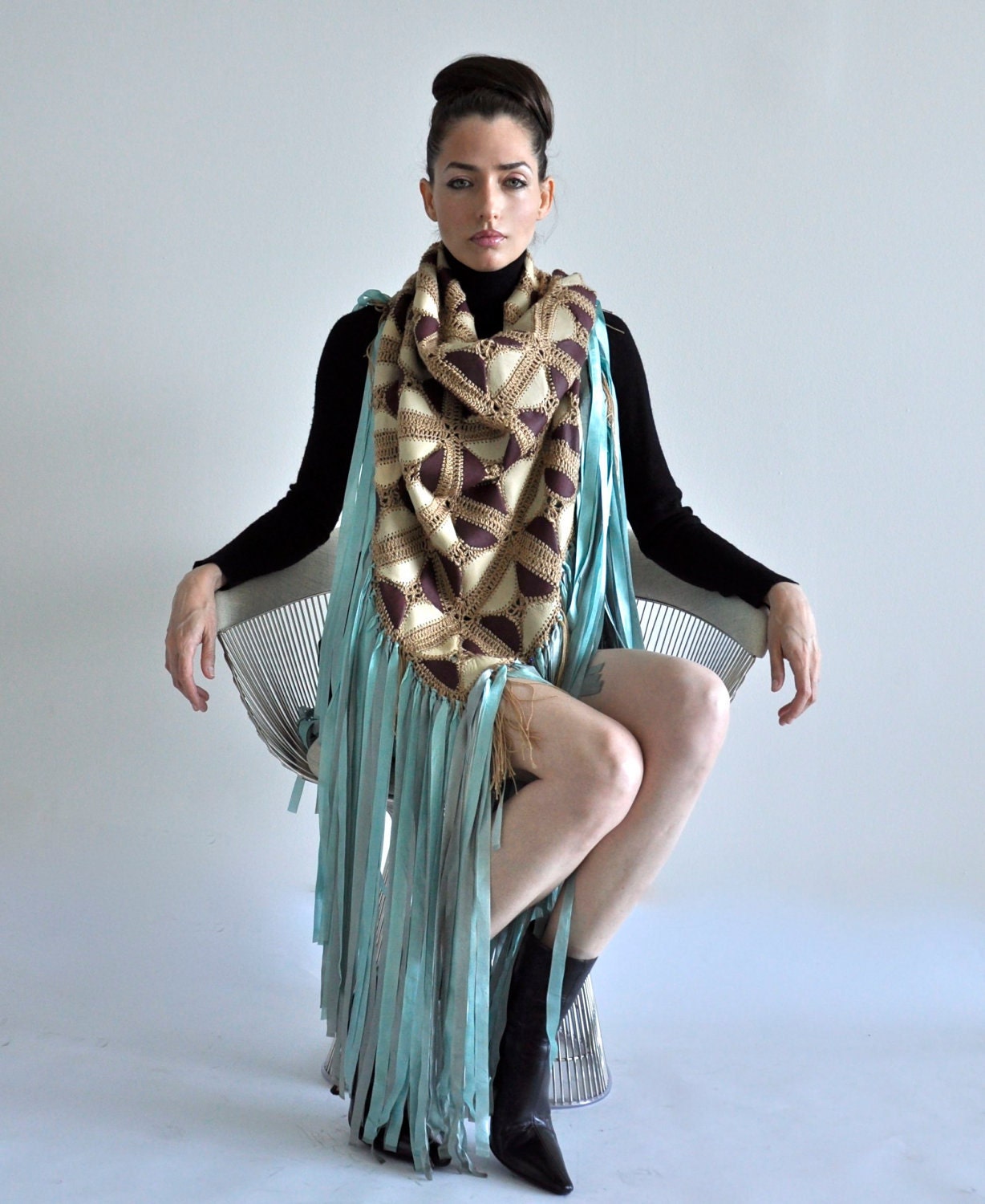 Leather and wool crochet Scarf/Shawl with silk fringes.