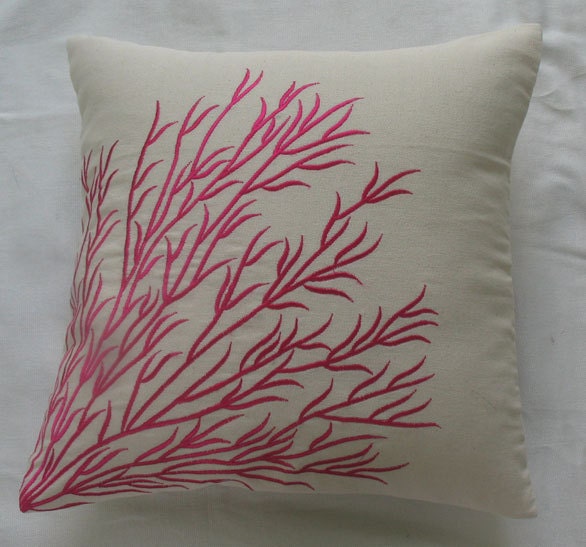 off white throw pillow pink coral branch embroidery 18 inch cushion cover