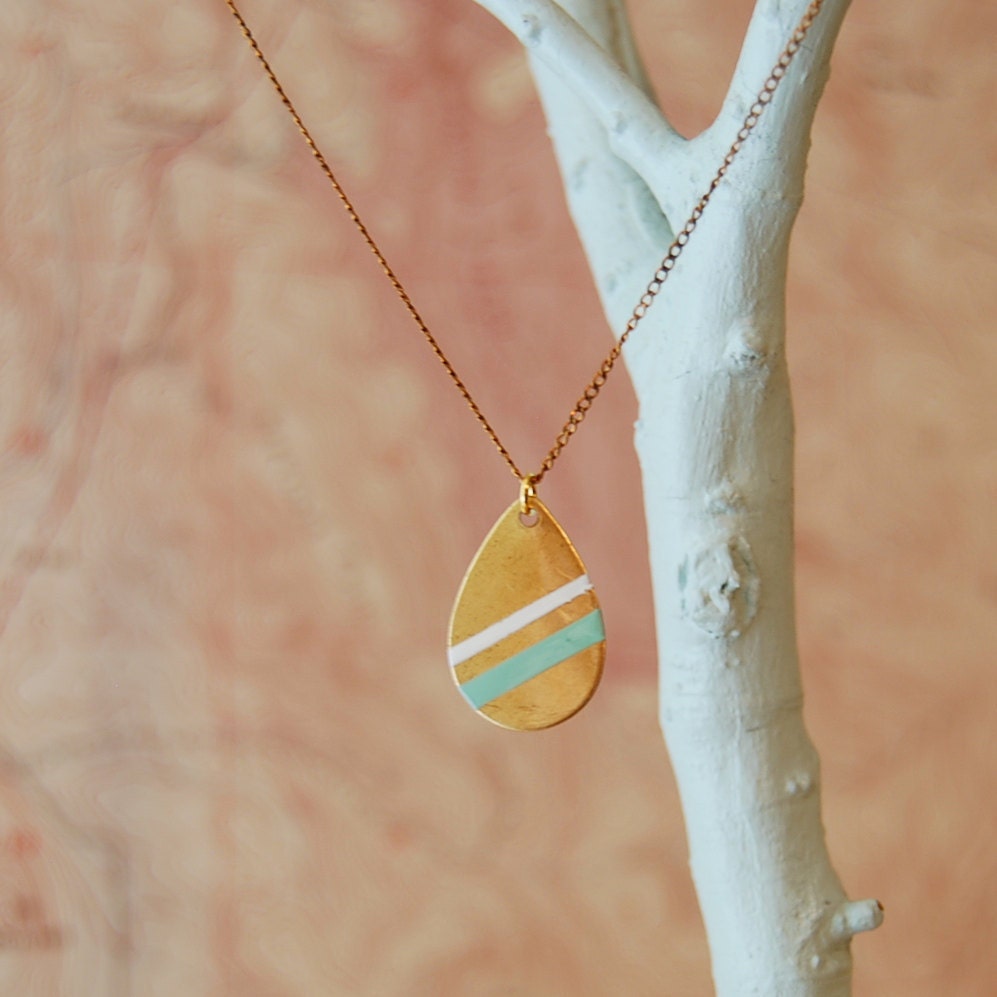 Hand-Painted Large Brass Teardrop Necklace: Seafoam Green & White