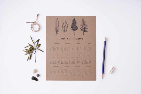 2012 Calendar - Botanical illustration Kraft Paper. Wall calendar. 1 Page. Home office. Christmas gift. 8.5 x 11