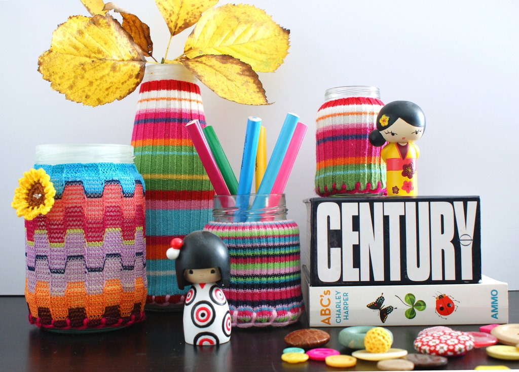 SET of 2 Upcycled Eco knit fairisle, cable jamjar/bottle cozy, winter brights turquoise cerise mustard jade teal red