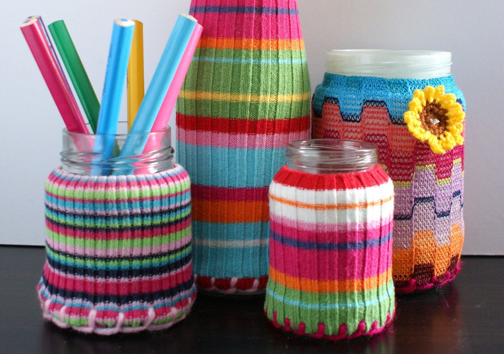 SET of 2 Upcycled Eco knit fairisle, cable jamjar/bottle cozy, winter brights turquoise cerise mustard jade teal red