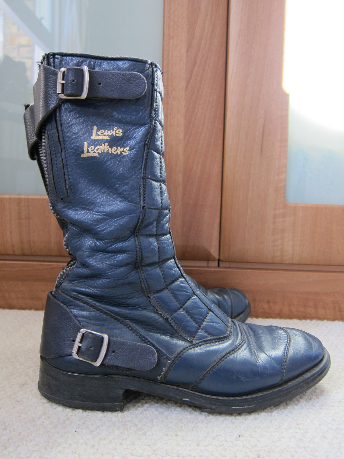 Lewis Leather Quilted British Motocycle Biker Boots in Navy with Buckles, Size UK 5-6, Mod, Scooter, Rocker, Goth, Grunge