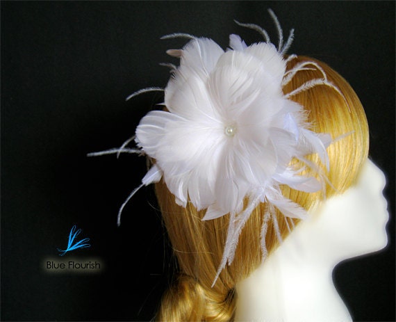 Large fascinator hair headpieces white head piece bridal feather flower