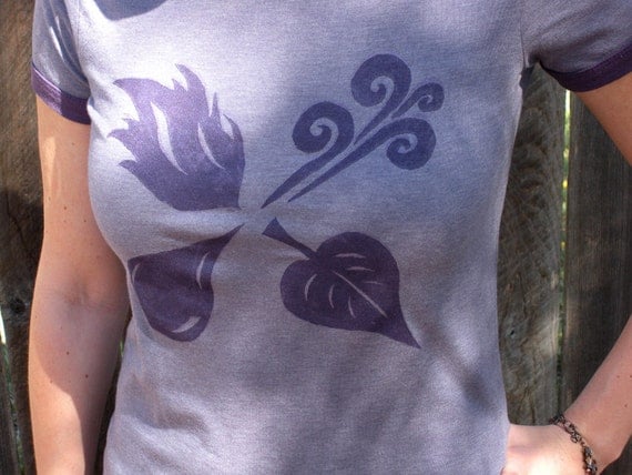 Dark Purple Four Elements Screen Print on Heathered Purple Ringer Crewneck T-shirt - Women's Size S