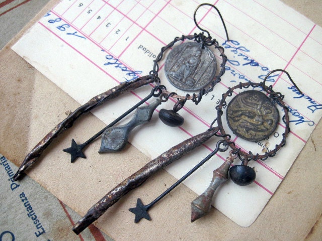 Ashurbanipal. Rustic Gypsy Religious Medal Assemblage Earrings