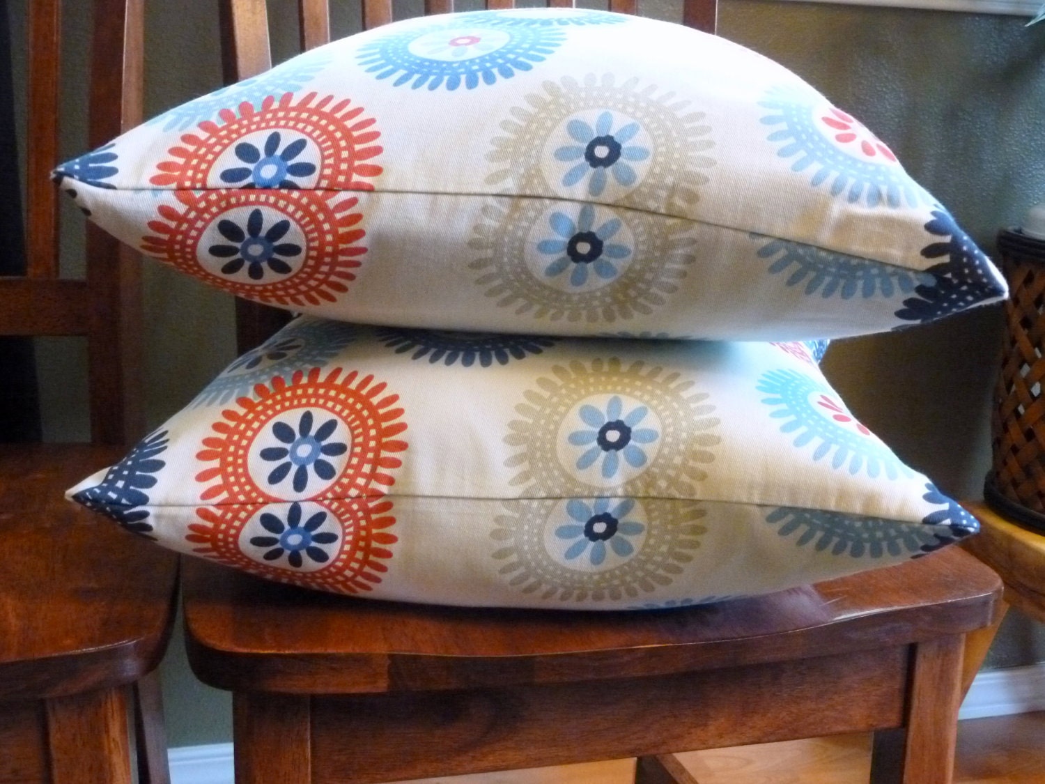 Accent Throw Pillow Covers - Two 18 Inch - Red, Off White and Blue