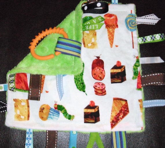 The Very Hungry Caterpillar on Lime Green Minky Dot Taggie