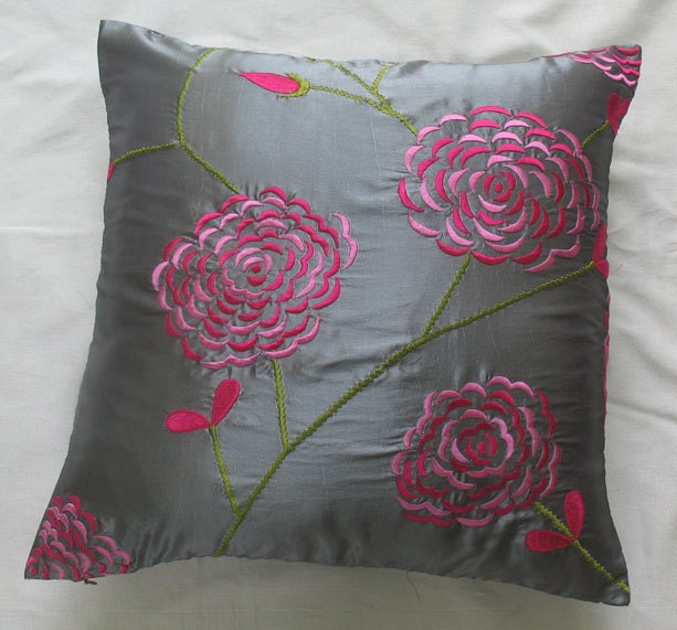 silver  throw pillow cover with floral embroidery 18 inch decorative