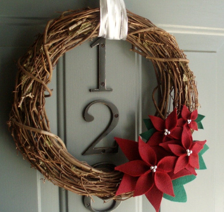 Grapevine Wreath Felt Handmade Holiday Decoration - Poinsettia 12in