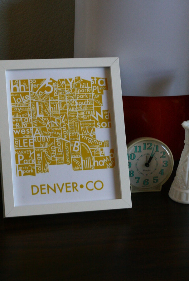 denver neighborhood type map in mustard yellow art print poster wall decor