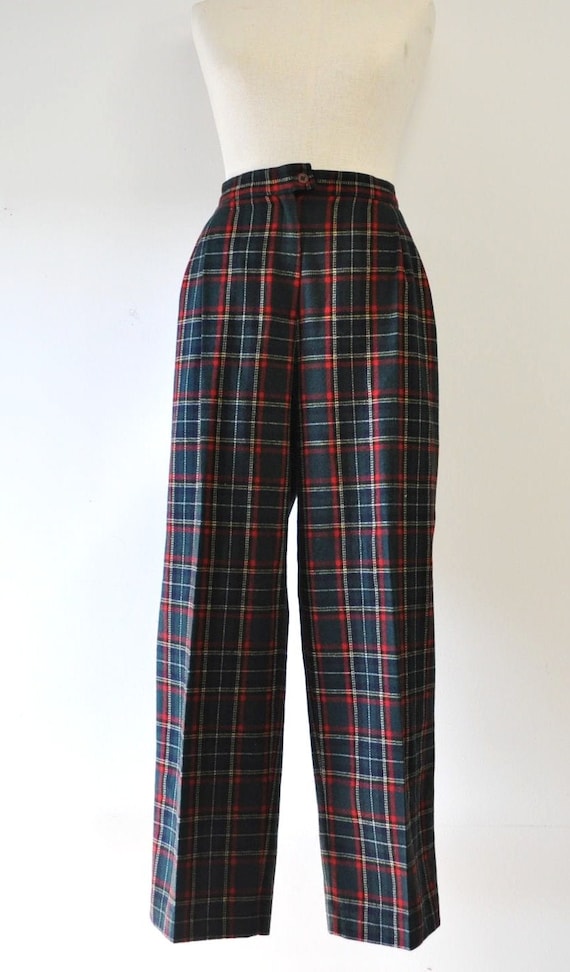 Katherine Hepburn look--vintage tartan plaid red, green, navy wool lined pants