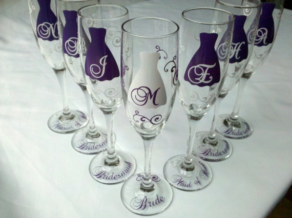 Bride and Bridesmaids gift champagne glasses plum purple and white 