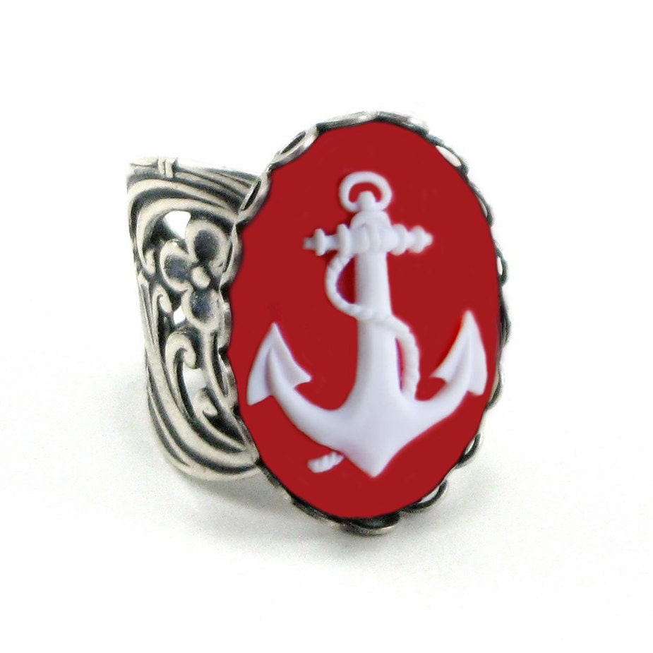 Anchor Ring - Nautical Sailor - White Red Cameo